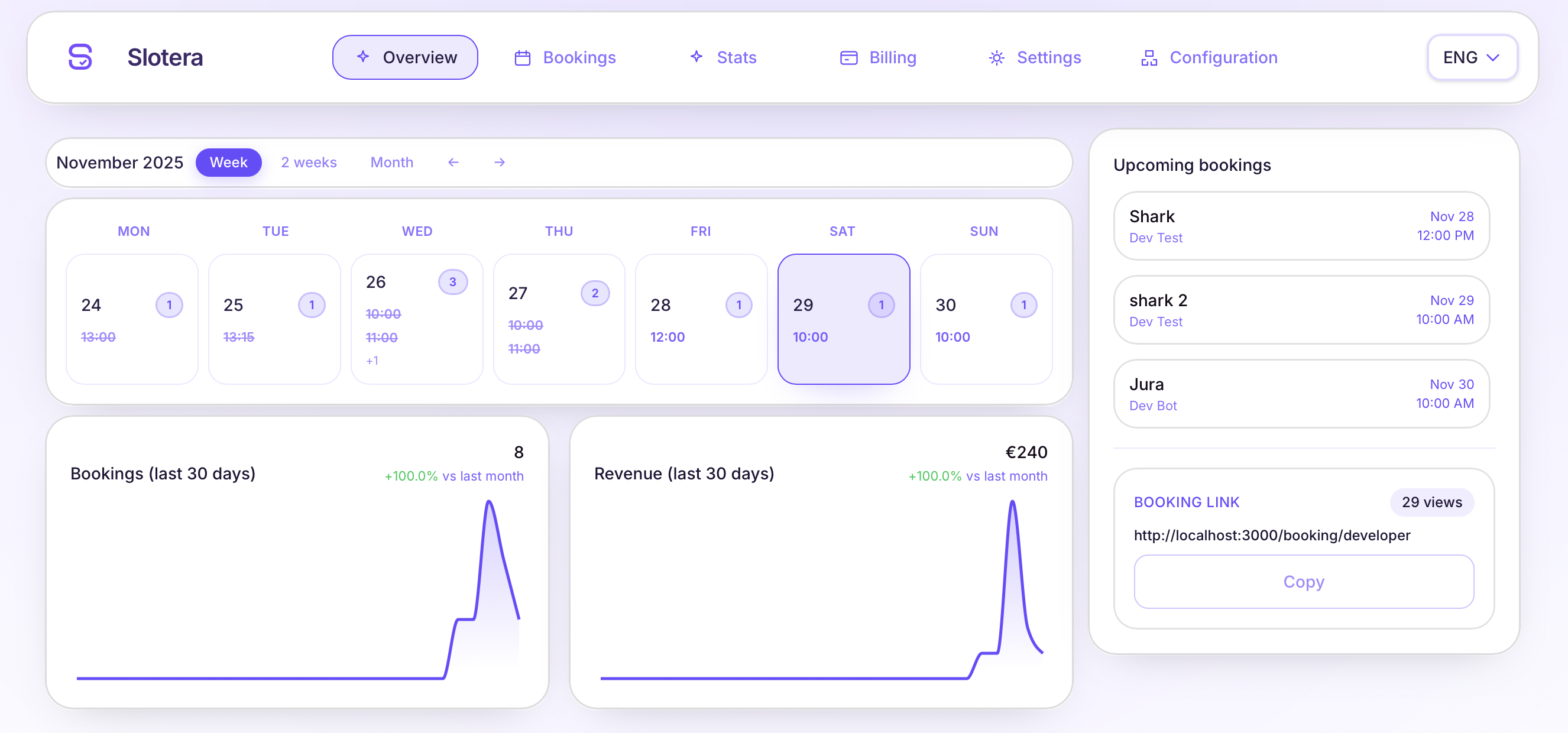 Дашборд Slotera с расписанием, статистикой и записями клиентов